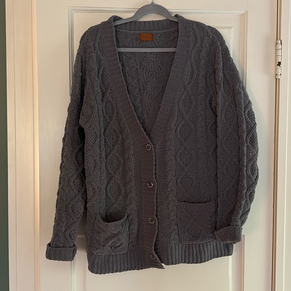 Grey POL cable cardigan.